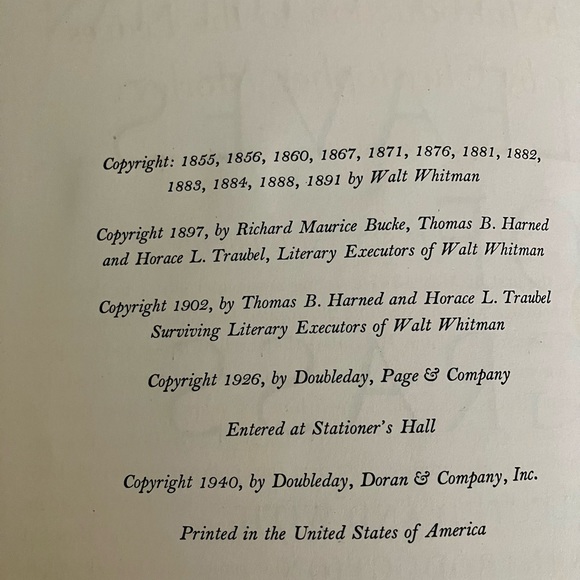 WALT WHITMAN LEAVES OF GRASS COPYRIGHT 1940 DOUBLEDAY DORAN &CO PRINTED IN USA - Picture 9 of 16